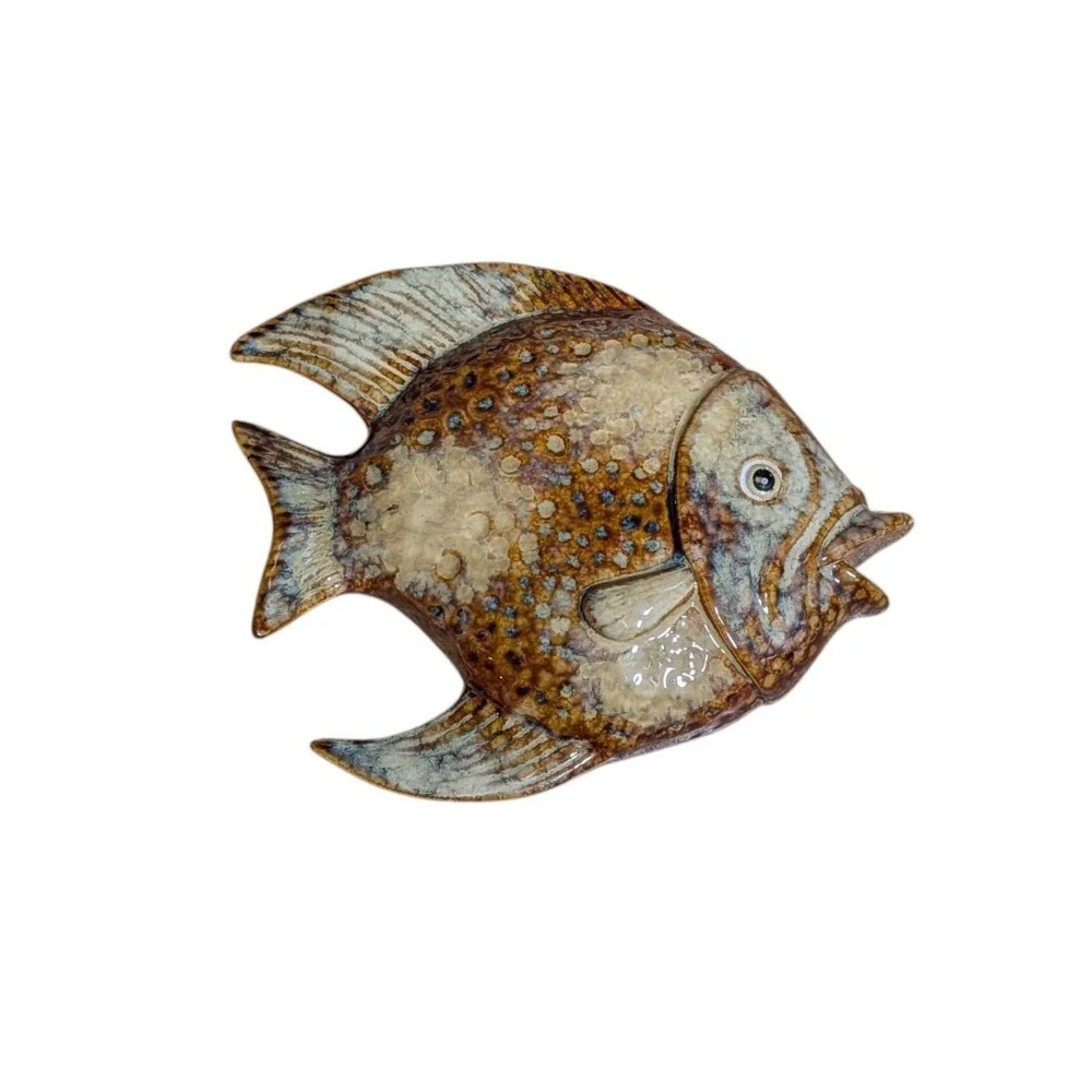 Vintage Ceramic Fish Wall Hanging Plaque Brown Tan Glazed Nautical Coastal Decor